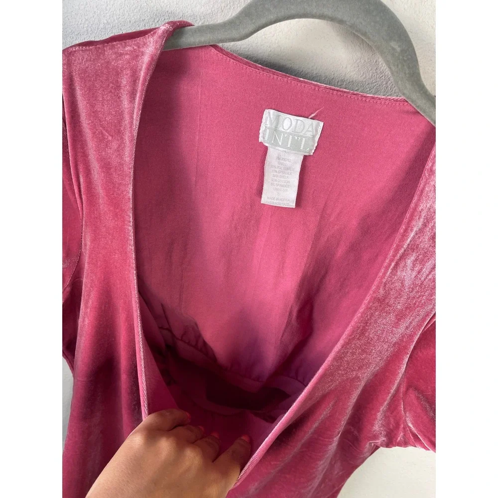 Moda International Short Sleeve Top Pink Velvet Scoop Neck Vintage 90s Y2K Large